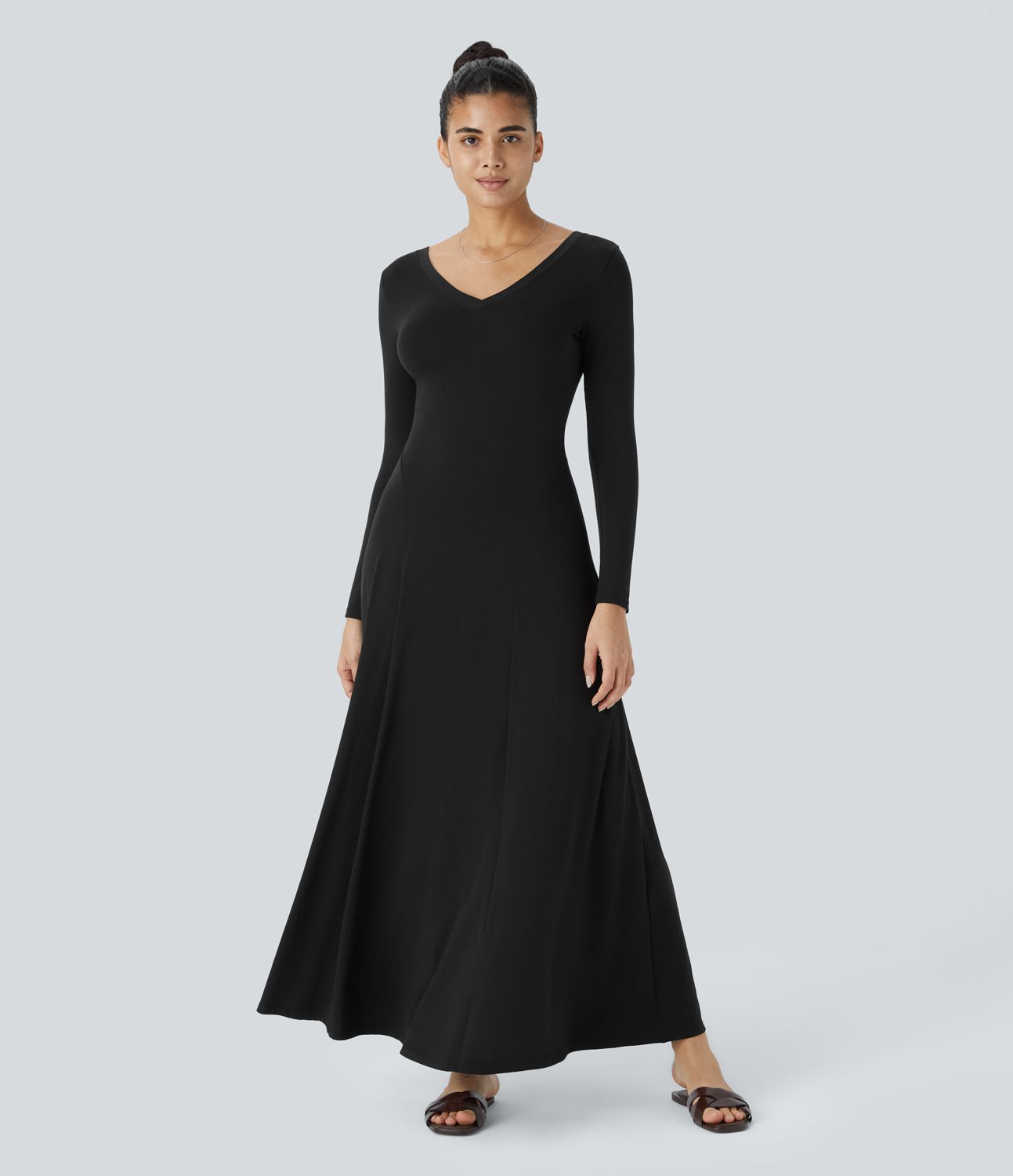 V-neck long sleeve drape maxi casual dress