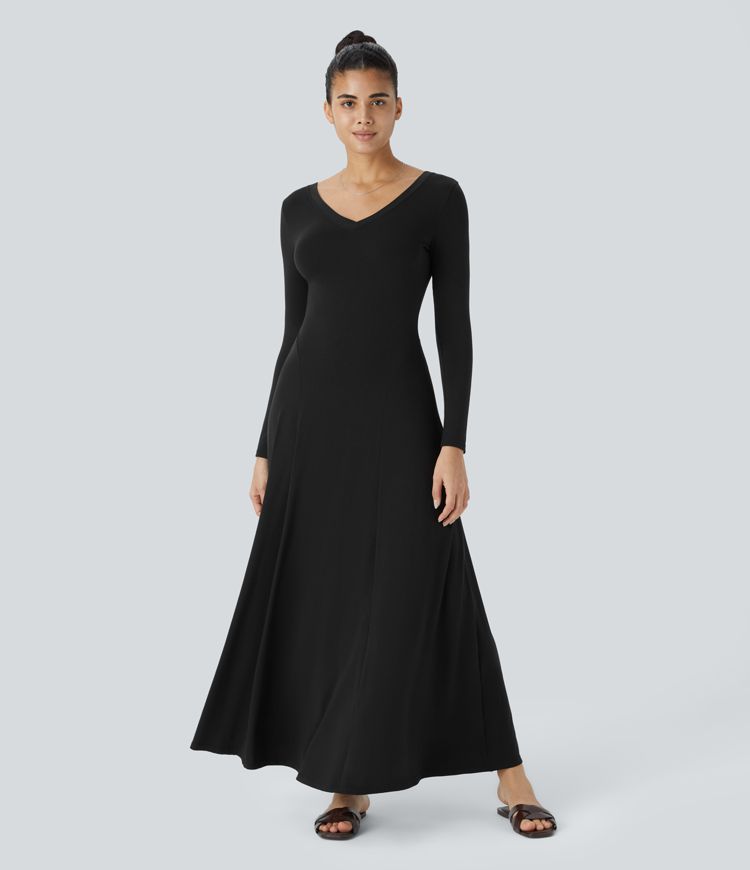 V-neck long sleeve drape maxi casual dress