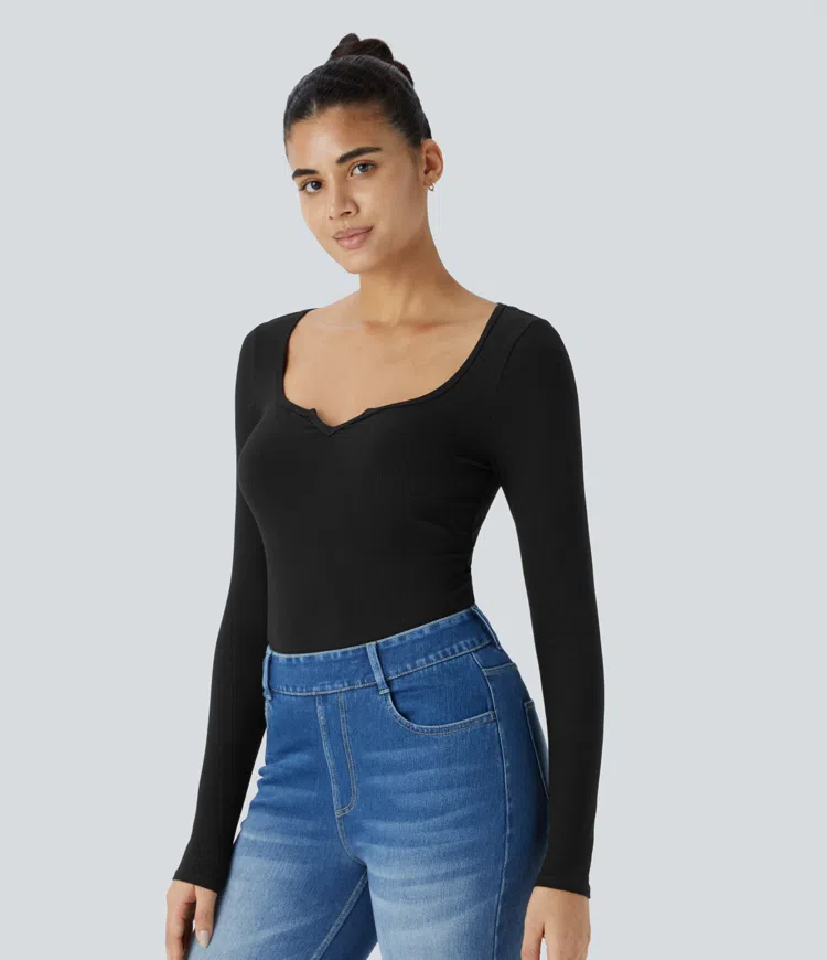 Ribbed Knit Notched Long Sleeve Ruched Curved Hem Skinny Casual Top