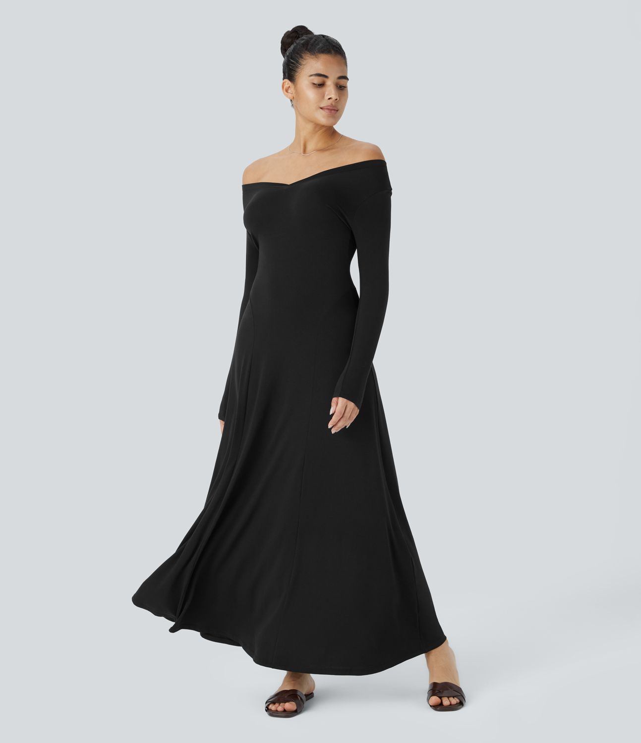 V-neck long sleeve drape maxi casual dress