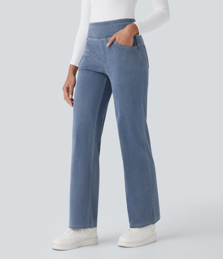 HalaraMagic™ High Waisted Multiple Pockets Straight Leg Stretchy Knit Work Jeans