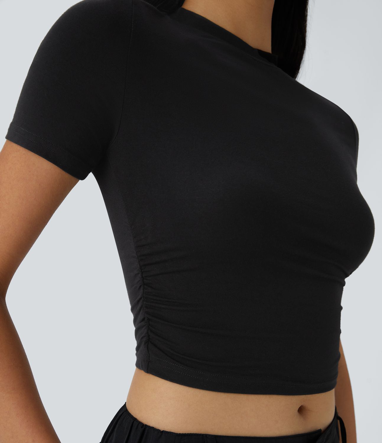 Round Neck Short Sleeve Ruched Skinny Cropped Casual T-Shirt