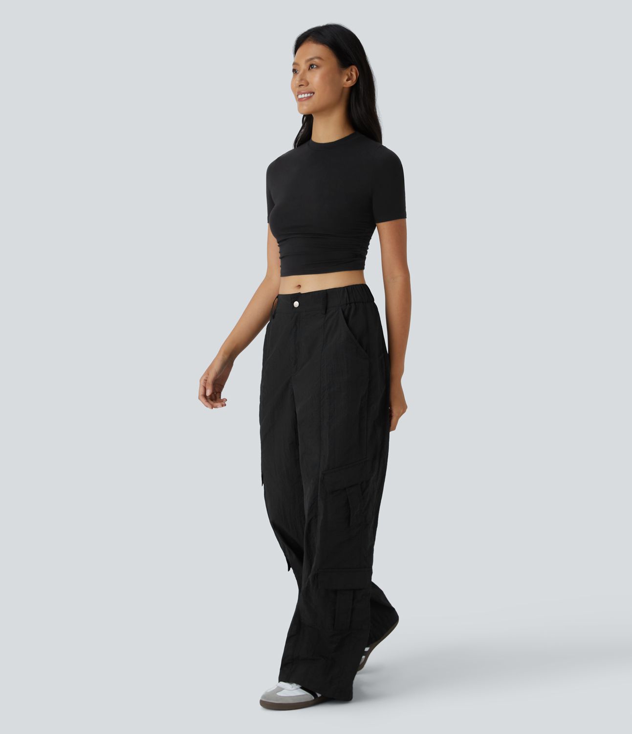 Round Neck Short Sleeve Ruched Skinny Cropped Casual T-Shirt