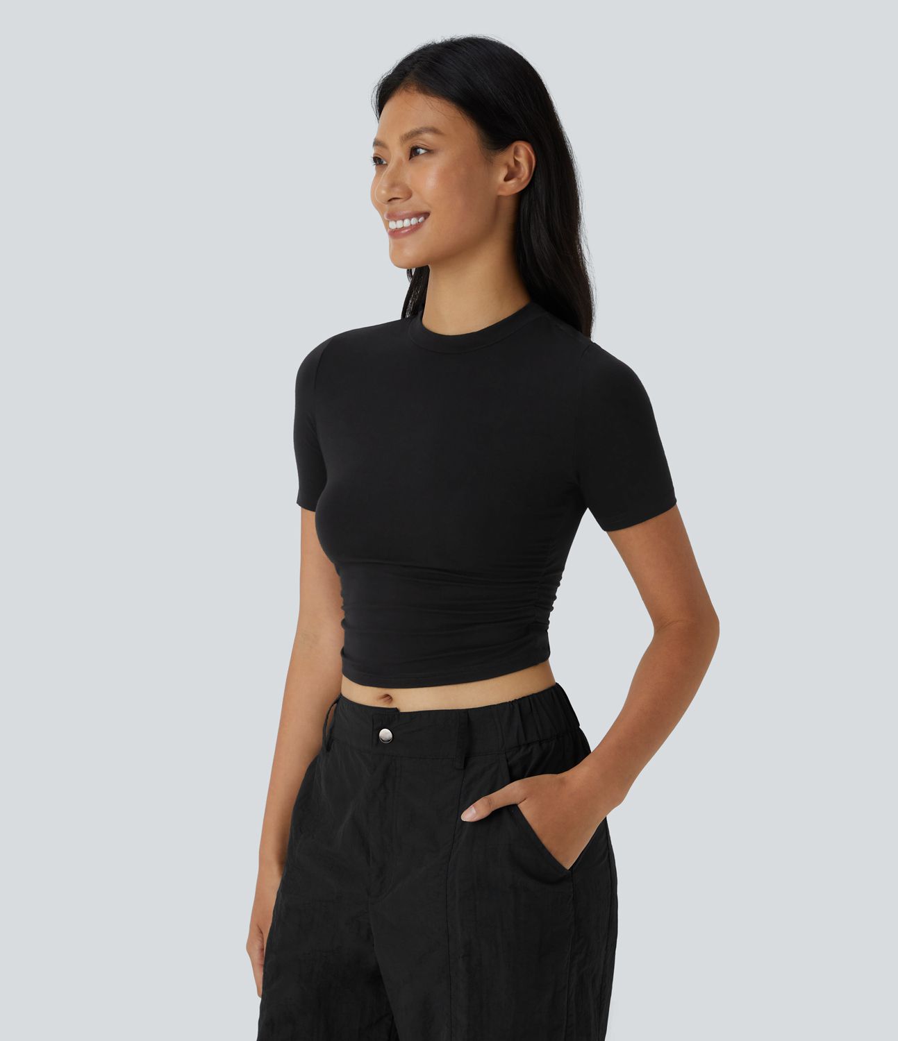 Round Neck Short Sleeve Ruched Skinny Cropped Casual T-Shirt