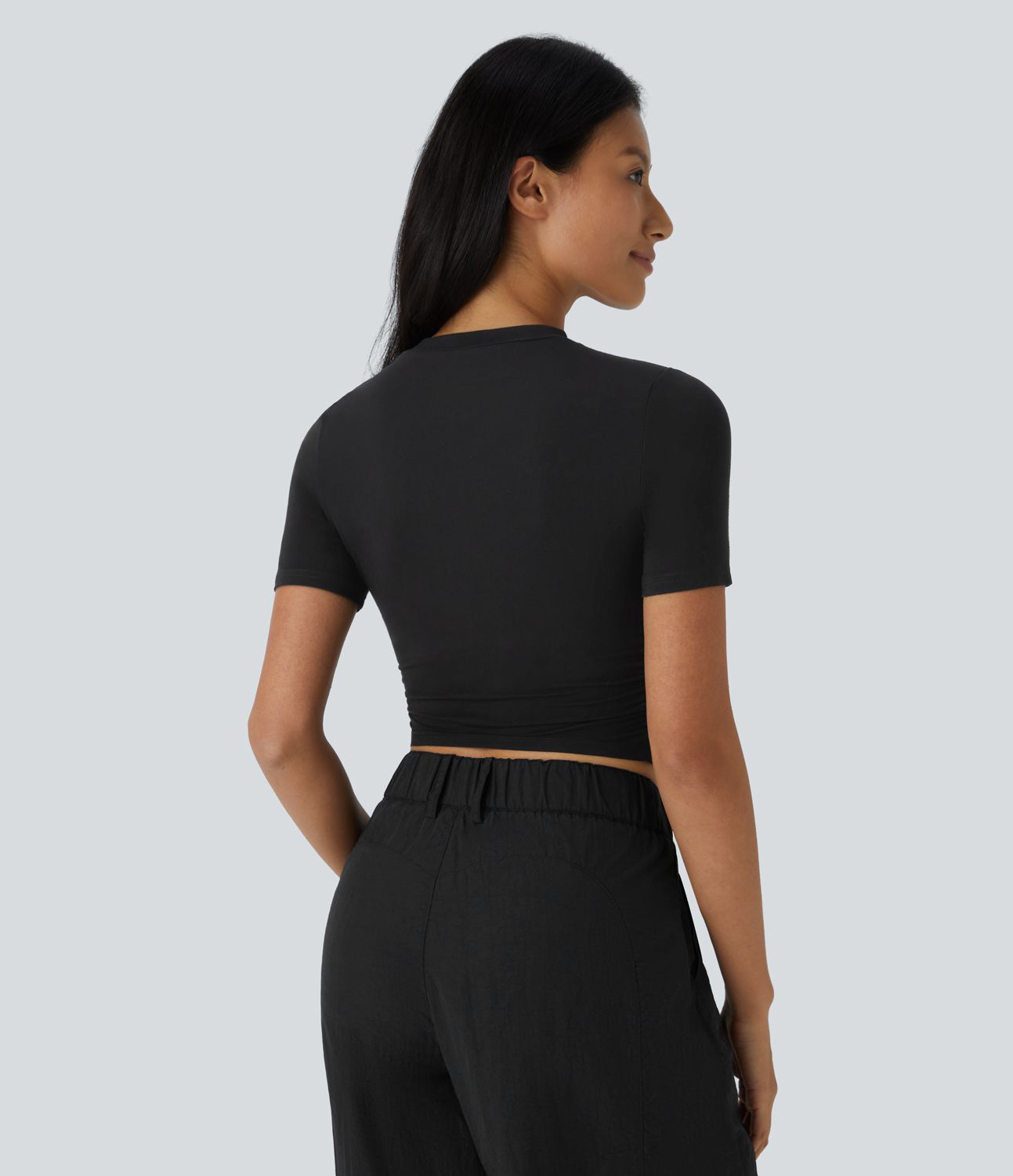 Round Neck Short Sleeve Ruched Skinny Cropped Casual T-Shirt