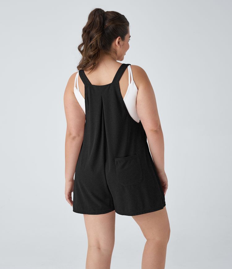 Pockets Waffle Casual Plus Size Short Overalls
