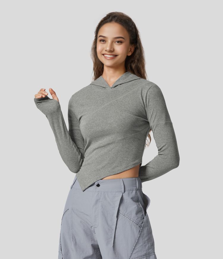 Women’s Ribbed Hooded Thumb Hole Asymmetric Hem Cropped Casual Cotton