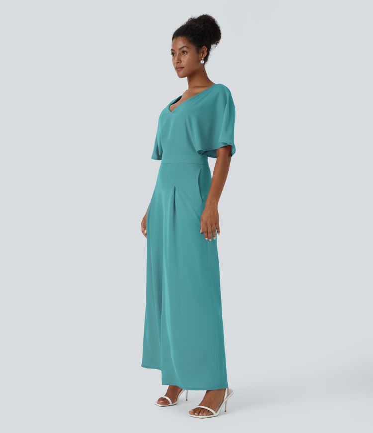 V Neck Butterfly Sleeve Pocket Flowy Wide Leg Jumpsuit