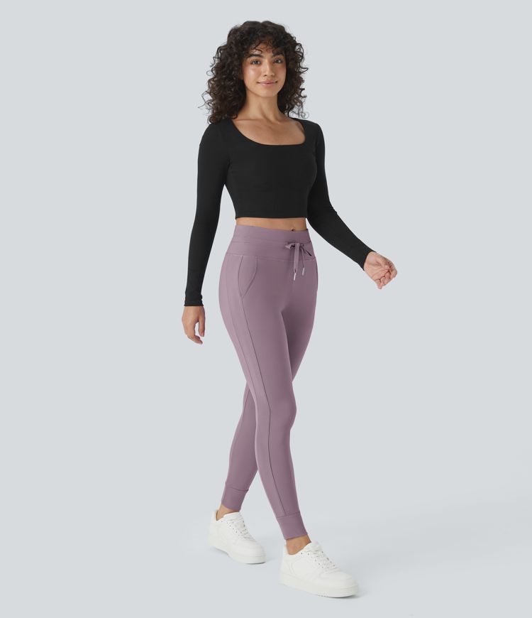 SoftlyZero™ Plush High Waisted Drawstring Pocket Plain Full Length Joggers