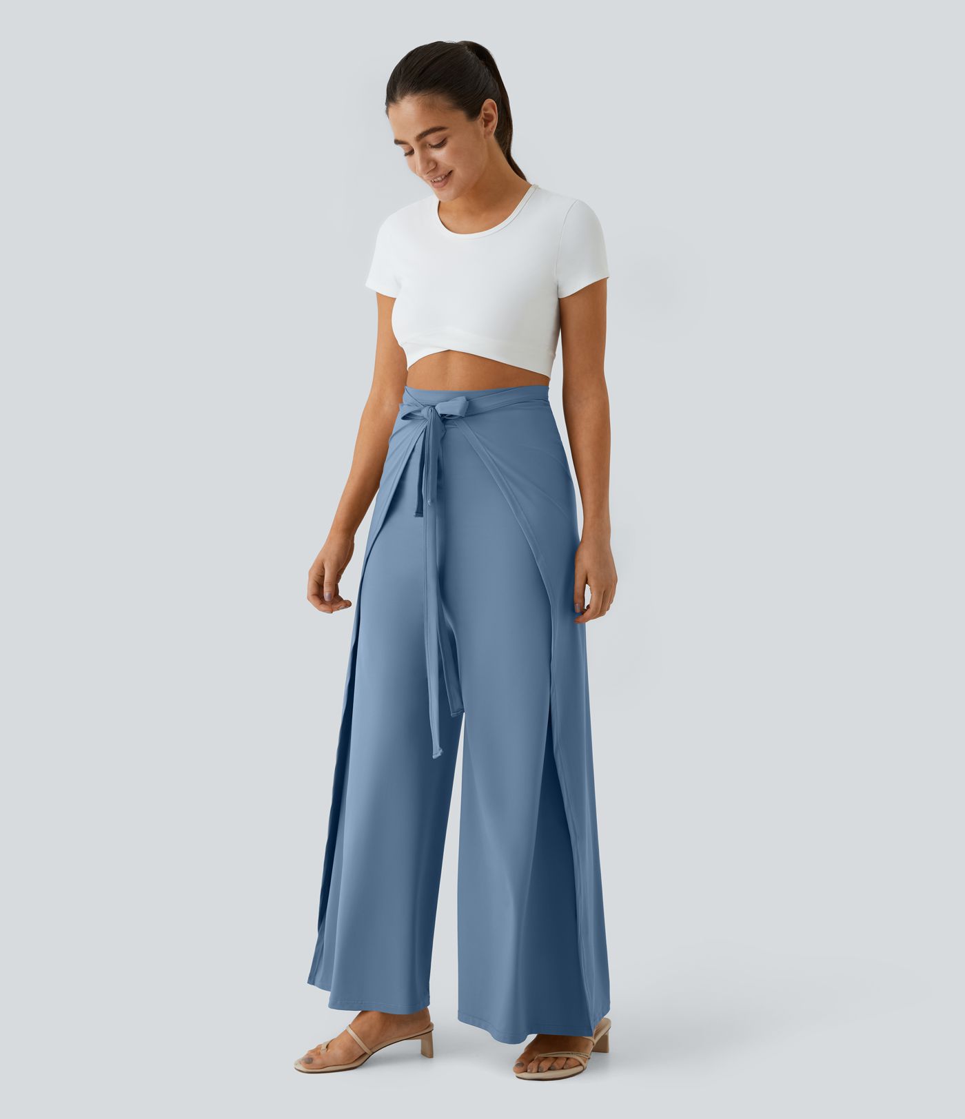 Pantalon Large Fluide Casual à Taille Haute avec Nœud Devant et Ourlet