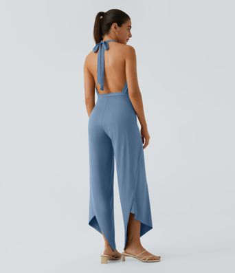 Pantalon Large Fluide Casual à Taille Haute avec Nœud Devant et Ourlet