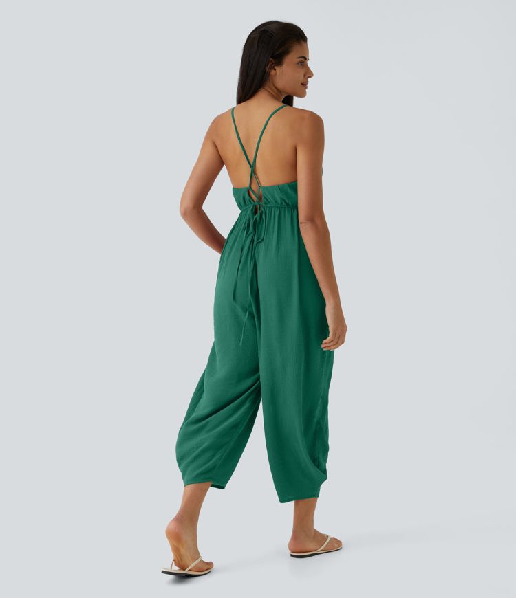 Spaghetti Strap Backless Lace Up Side Pocket Resort Jumpsuit