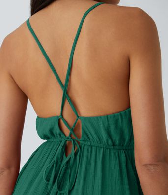 Spaghetti Strap Backless Lace Up Side Pocket Resort Jumpsuit