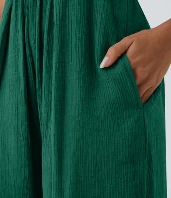 Spaghetti Strap Backless Lace Up Side Pocket Resort Jumpsuit