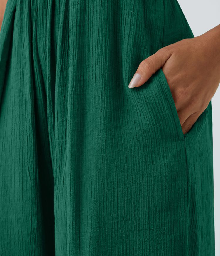 Spaghetti Strap Backless Lace Up Side Pocket Resort Jumpsuit