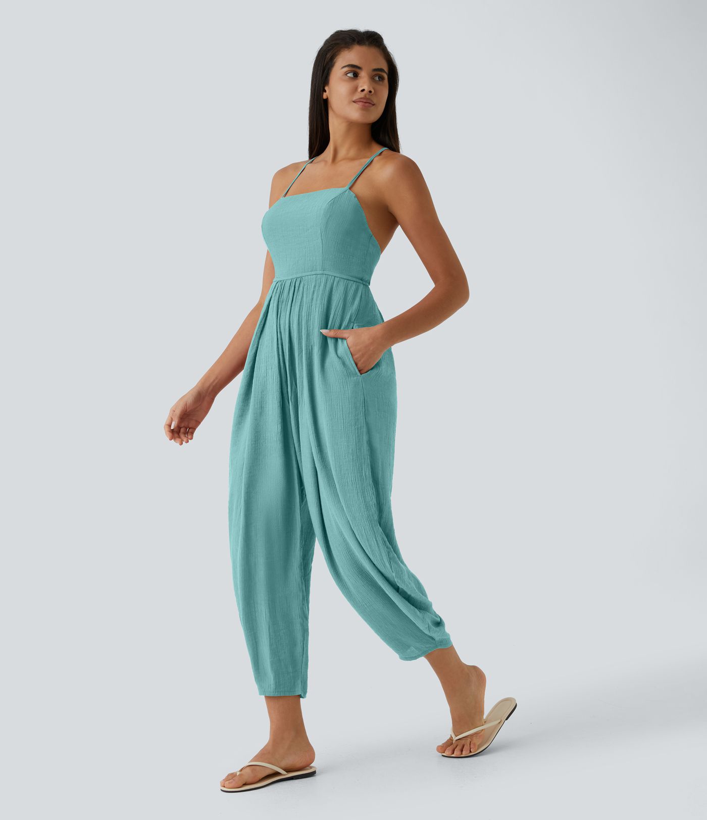 Spaghetti Strap Lace Up Pocket Jumpsuit