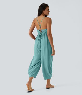 Spaghetti Strap Lace Up Pocket Jumpsuit