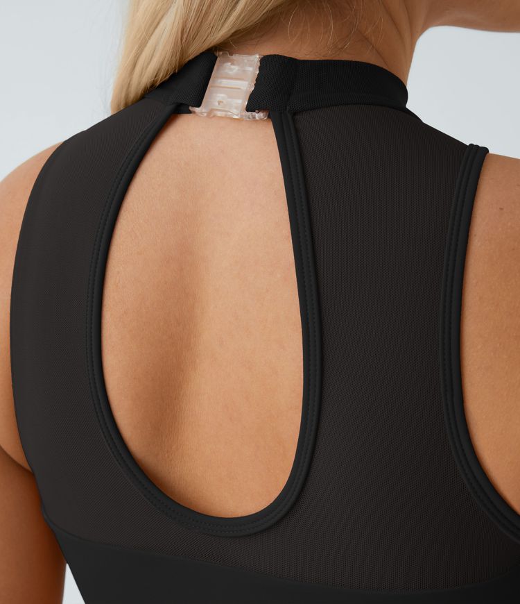 Contrast Mesh Buckle Backless Split 2-in-1 Side Pocket Dance Active Dress - Easy Peasy Edition