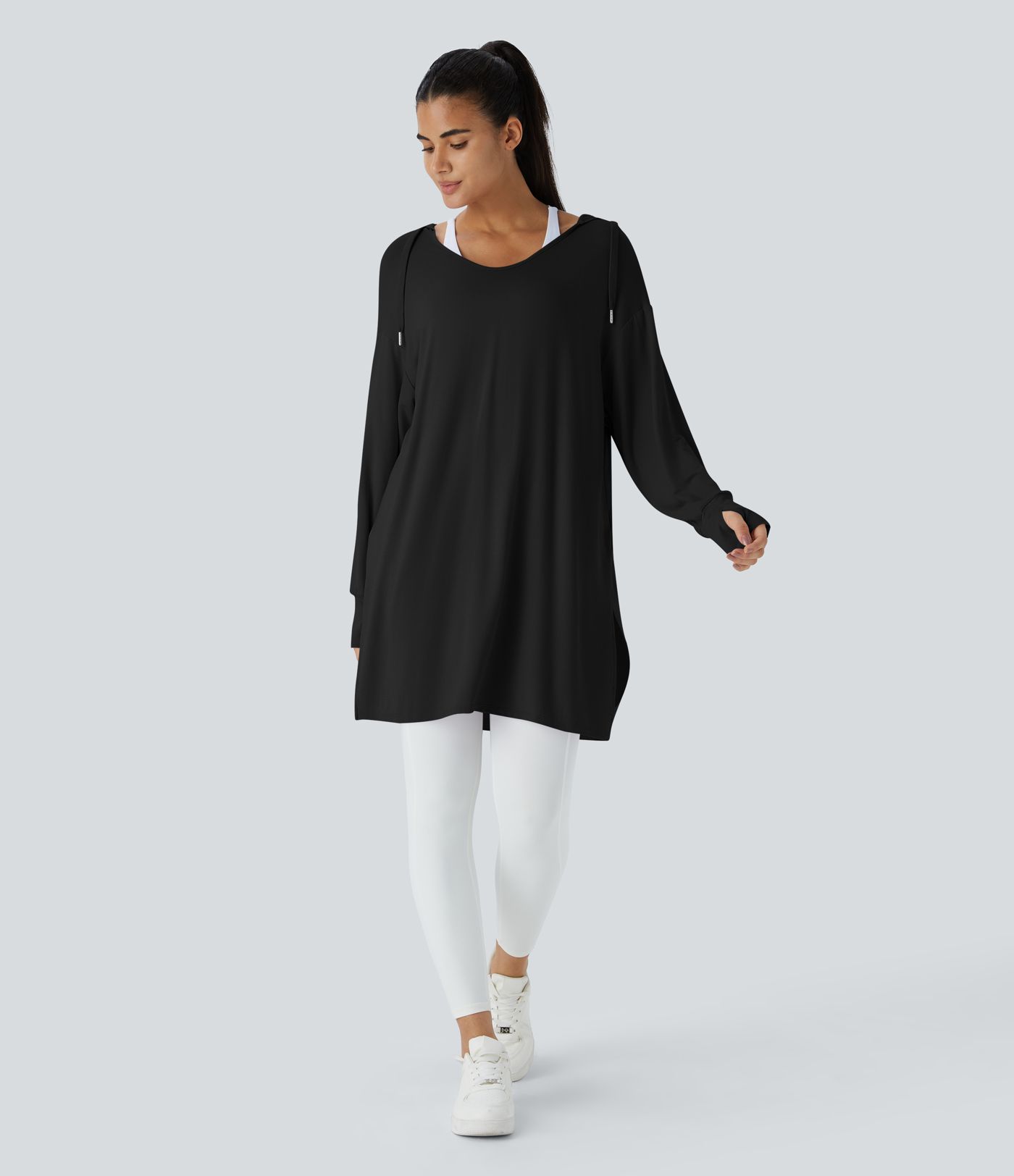 Hooded V Neck Drawstring Thumb Hole Longline Casual Sweatshirt