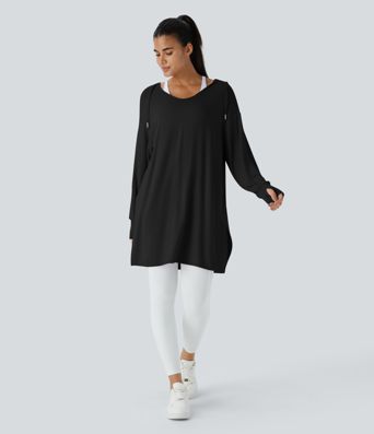 Hooded V Neck Drawstring Thumb Hole Longline Casual Sweatshirt