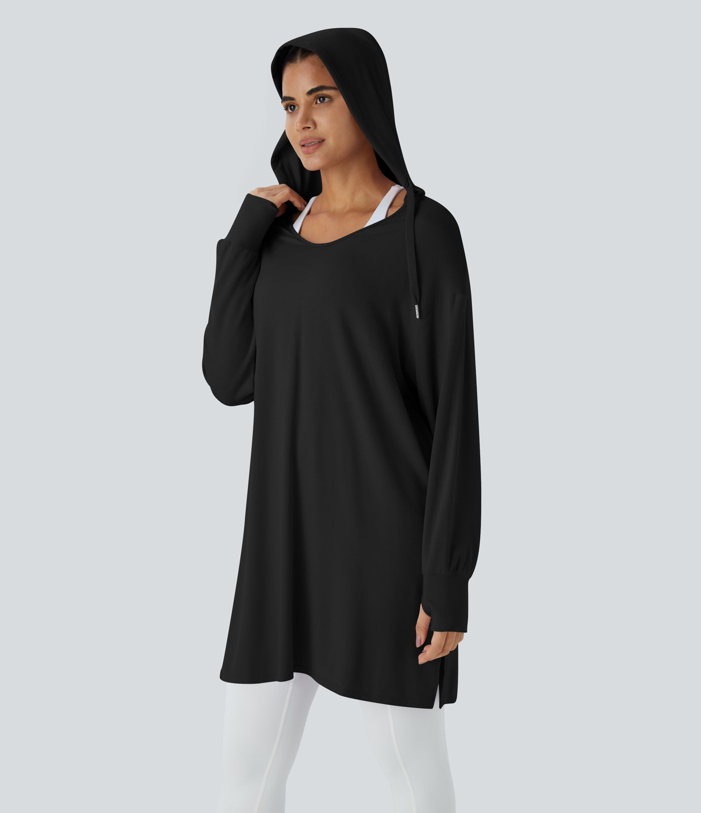 Hooded V Neck Drawstring Thumb Hole Longline Casual Sweatshirt