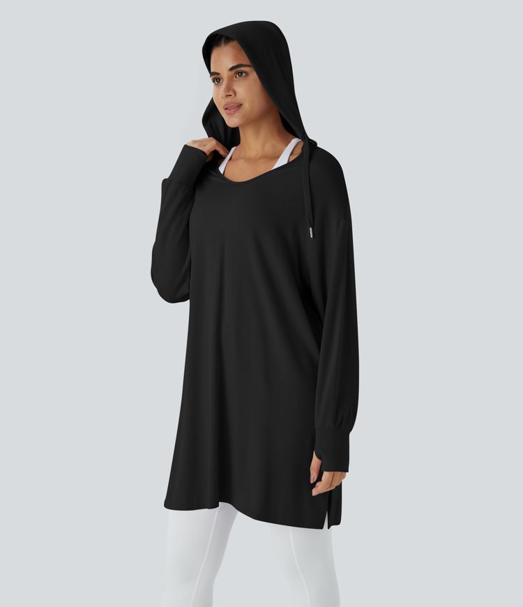 Hooded V Neck Drawstring Thumb Hole Longline Casual Sweatshirt