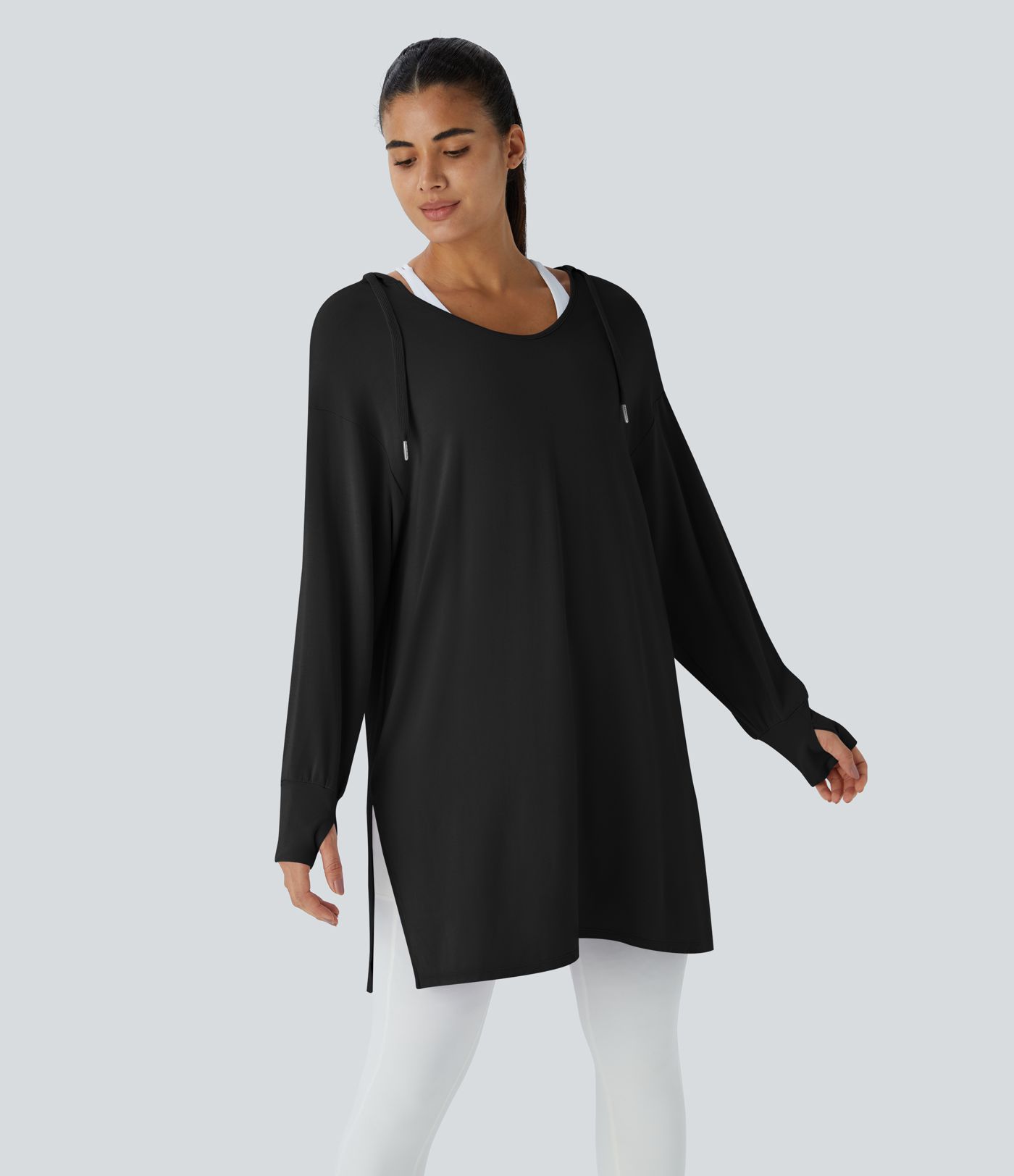 Hooded V Neck Drawstring Thumb Hole Longline Casual Sweatshirt