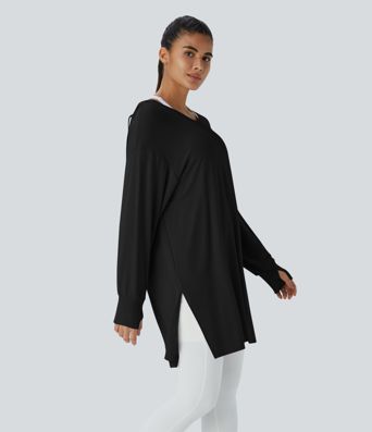 Hooded V Neck Drawstring Thumb Hole Longline Casual Sweatshirt