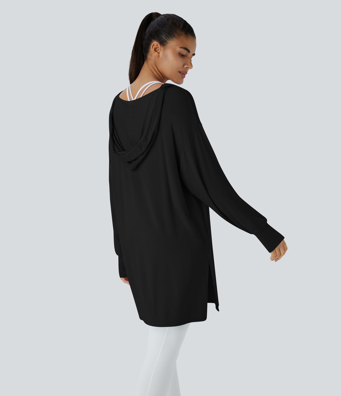 Hooded V Neck Drawstring Thumb Hole Longline Casual Sweatshirt