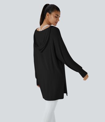 Hooded V Neck Drawstring Thumb Hole Longline Casual Sweatshirt