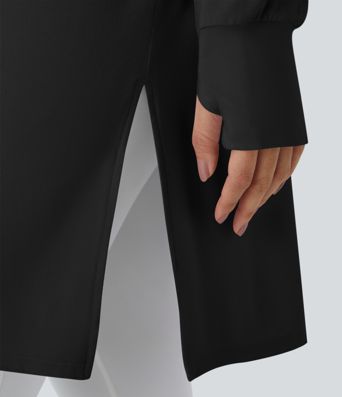 Hooded V Neck Drawstring Thumb Hole Longline Casual Sweatshirt