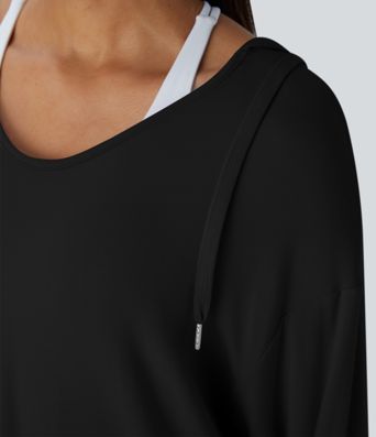 Hooded V Neck Drawstring Thumb Hole Longline Casual Sweatshirt