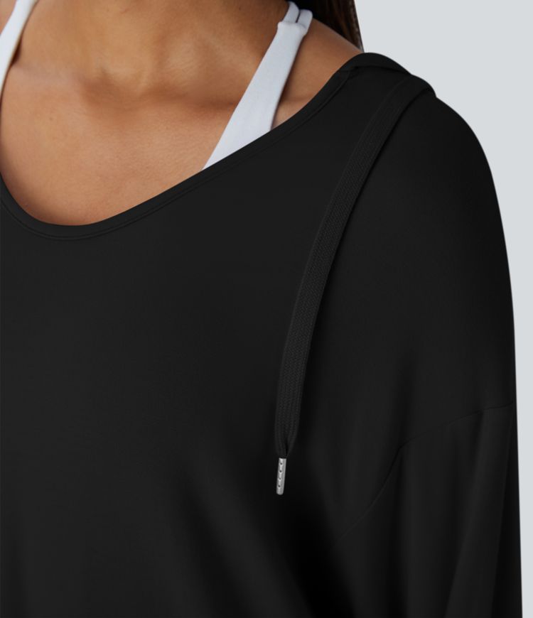 Hooded V Neck Drawstring Thumb Hole Longline Casual Sweatshirt