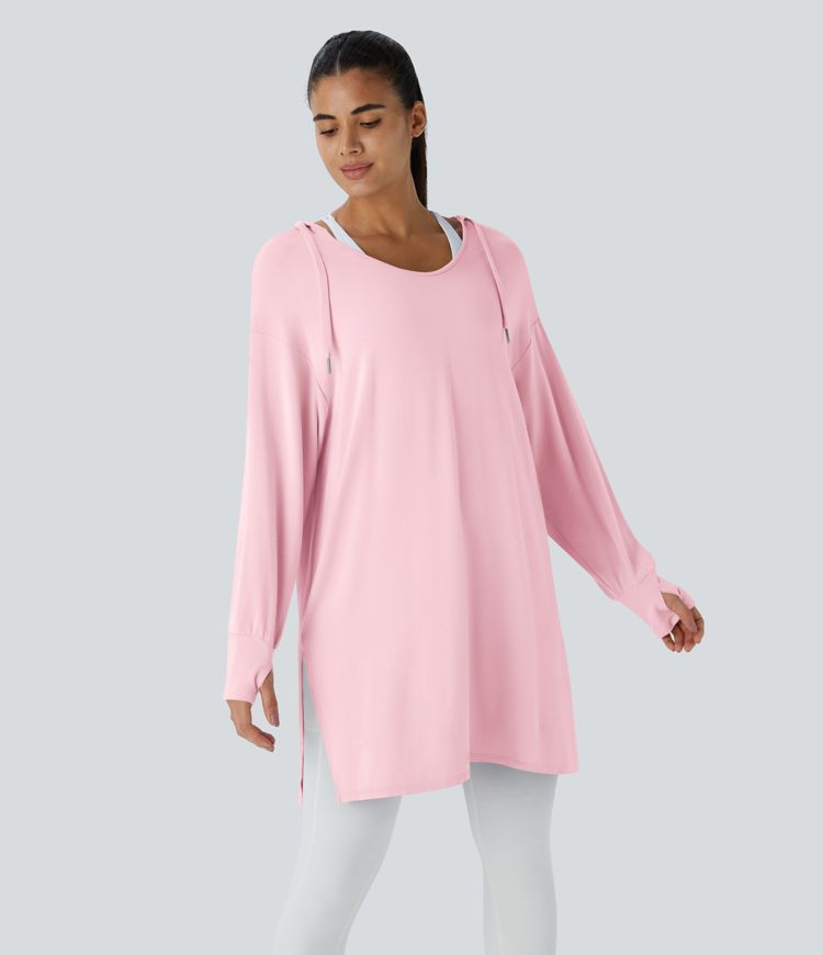 Hooded V Neck Drawstring Thumb Hole Longline Casual Sweatshirt