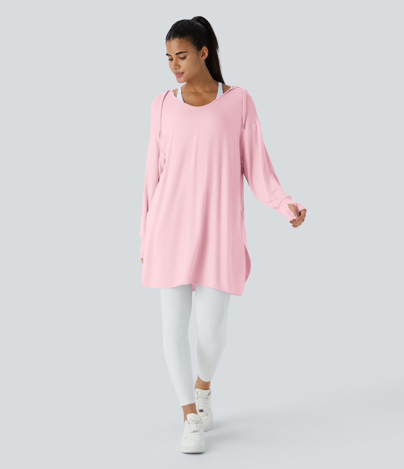 Hooded V Neck Drawstring Thumb Hole Longline Casual Sweatshirt