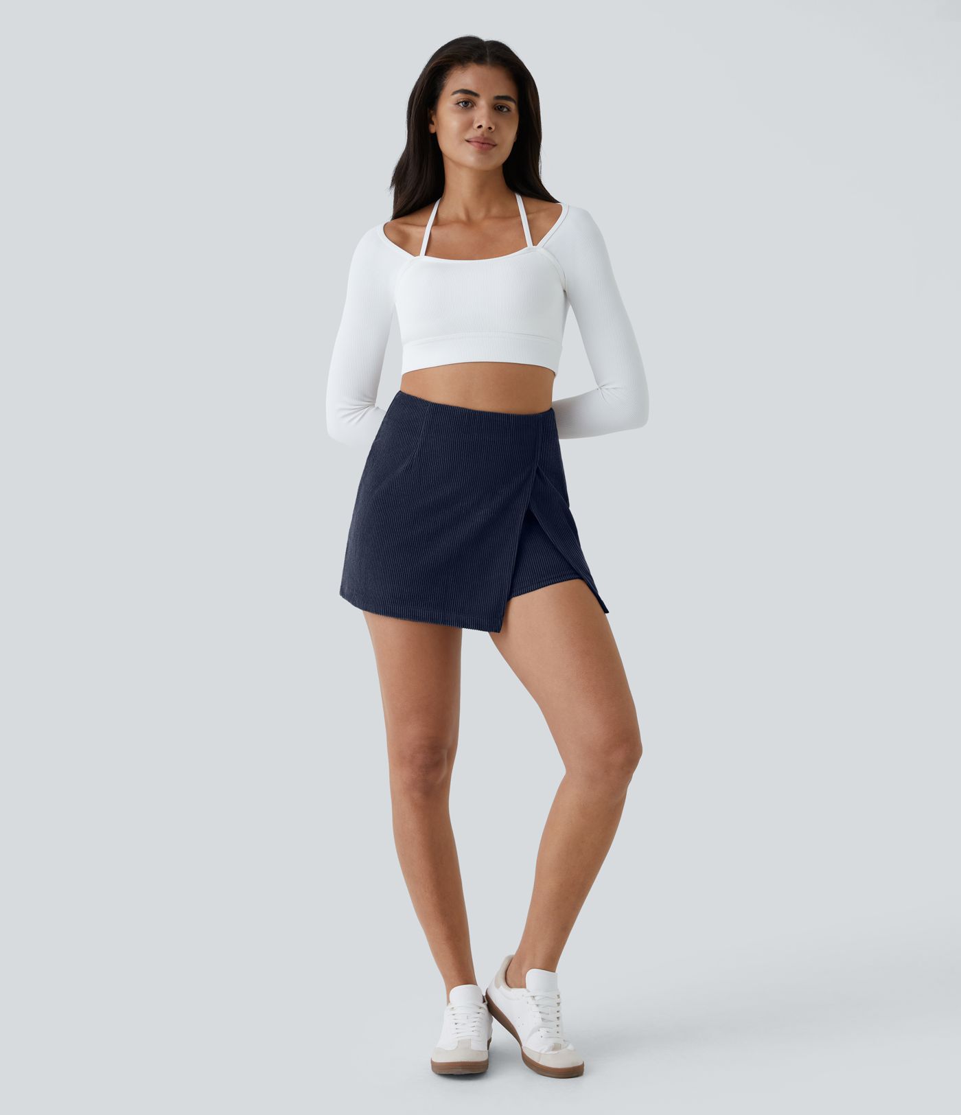 Háir mittismjóir buxnaskart með rennilás að aftan, 2-í-1 teygjanlegt hlýrabolsefni fyrir hversdags notkun