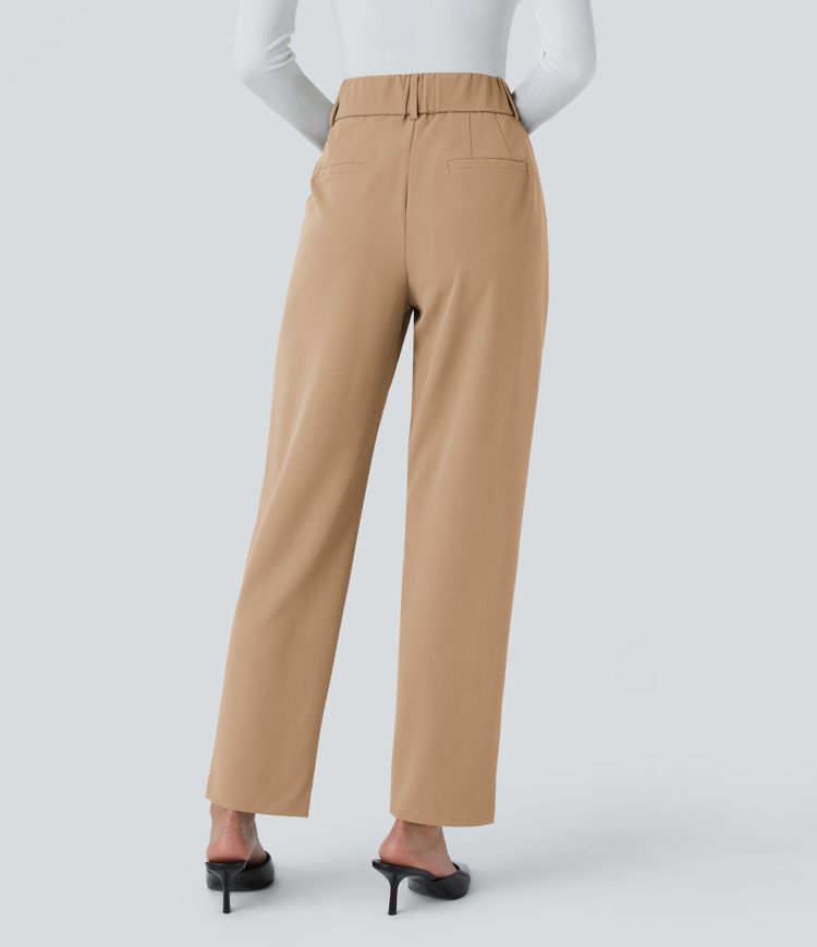 High Waisted Pocket Solid Work Tapered Trousers
