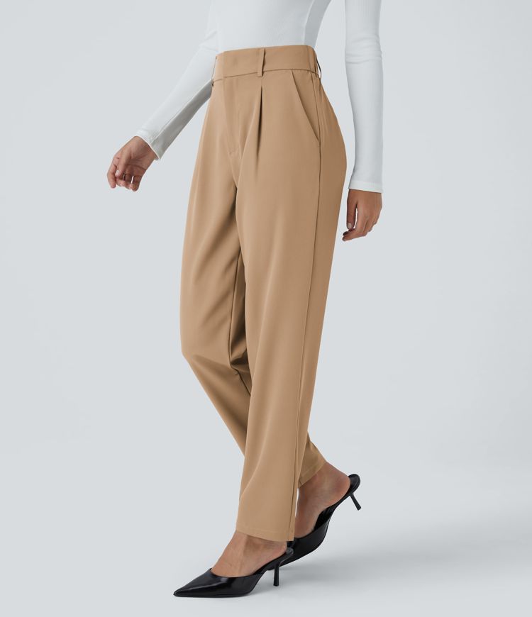 High Waisted Pocket Solid Work Tapered Trousers