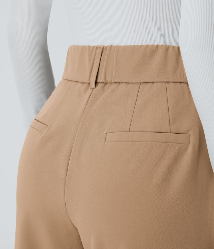 High Waisted Pocket Solid Work Tapered Trousers