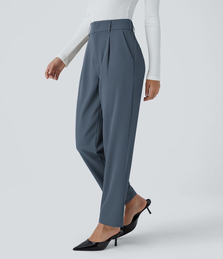 High Waisted Side Pocket Solid Work Tapered Pants