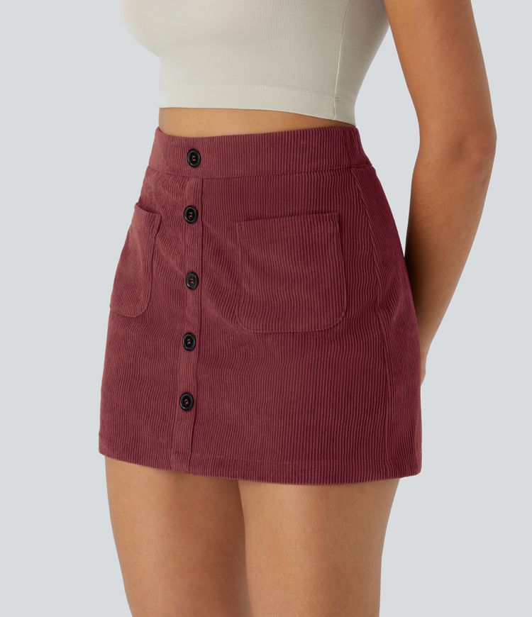 High Waisted Button Front Side Pocket Zipper 2-in-1 Corduroy Mini Casual Skirt