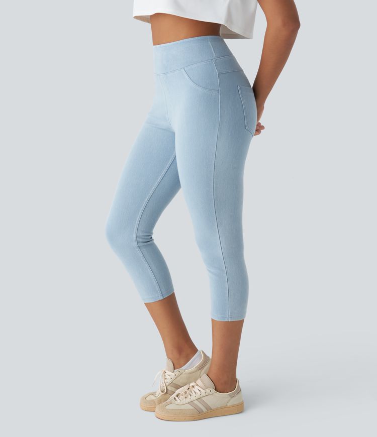 Halara Flex™ High Waisted Back Side Pocket Stretchy Knit Denim Capri Casual Leggings
