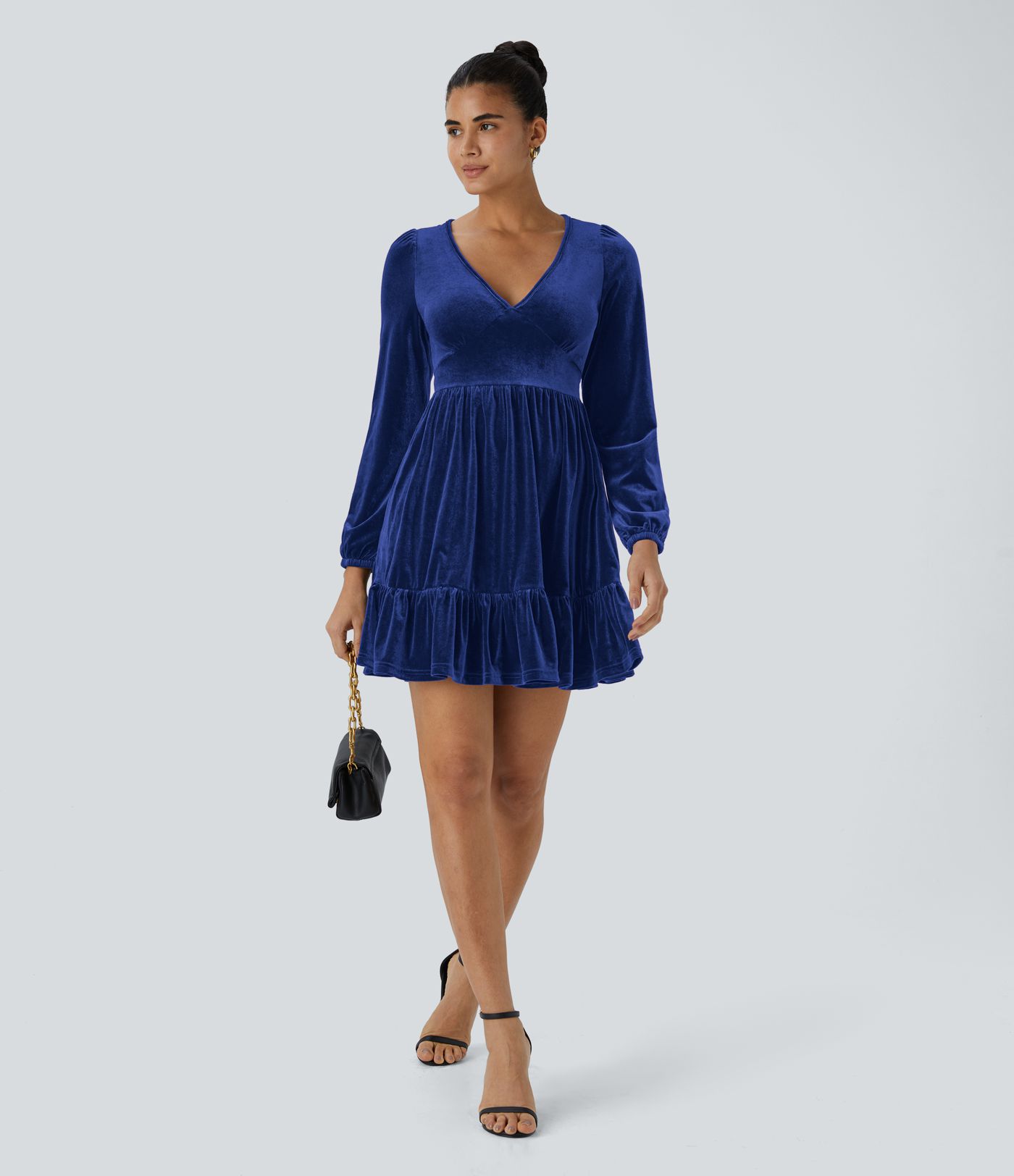 Quotidien Robe de Soirée Mini en Velours à Encolure en V Profond et Ourlet Volanté