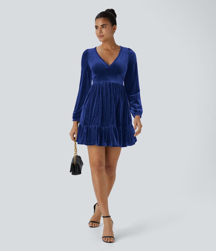 Quotidien Robe de Soirée Mini en Velours à Encolure en V Profond et Ourlet Volanté