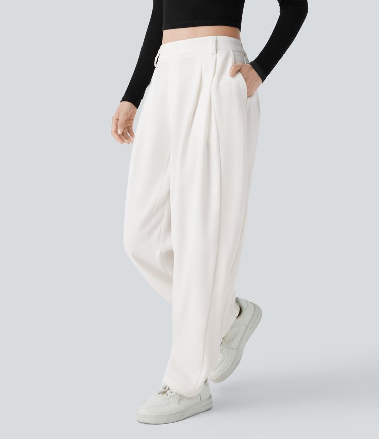 Pantalon Tailleur Plissé Taille Mi-Haute Poches Latérales