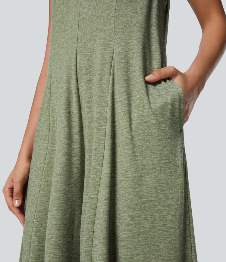 V Neck Pocket Draped Wide Leg Flowy Casual Jumpsuit