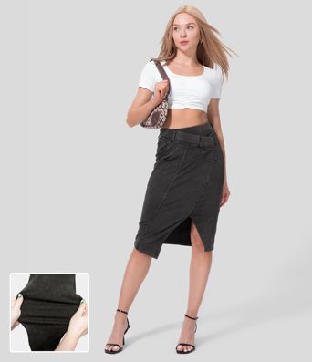 Halara Flex™ Jupe Midi Casual Taille Haute avec Ourlet Fendu en Denim Tricoté Élastique Halara Flex™ Jupe Midi Casual Taille Haute avec Ourlet Fendu en Denim Tricoté Élastique