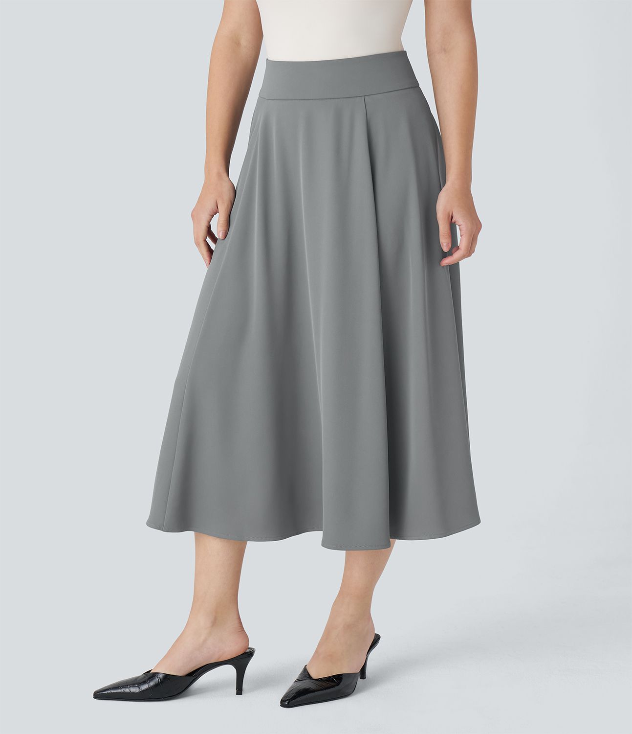 ハイウエスト バックインビジブルジッパー フレア ミディ ワークスカート