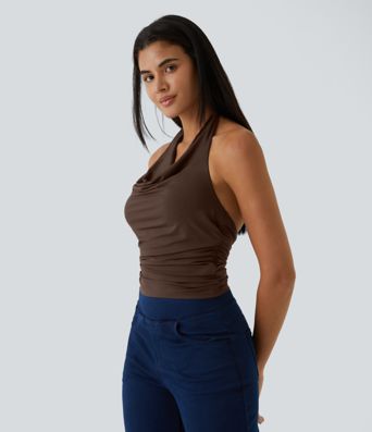 Halter Cowl Neck Ruched Casual Tank Top