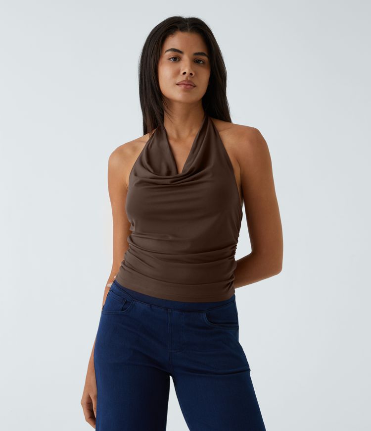 Halter Cowl Neck Ruched Casual Tank Top